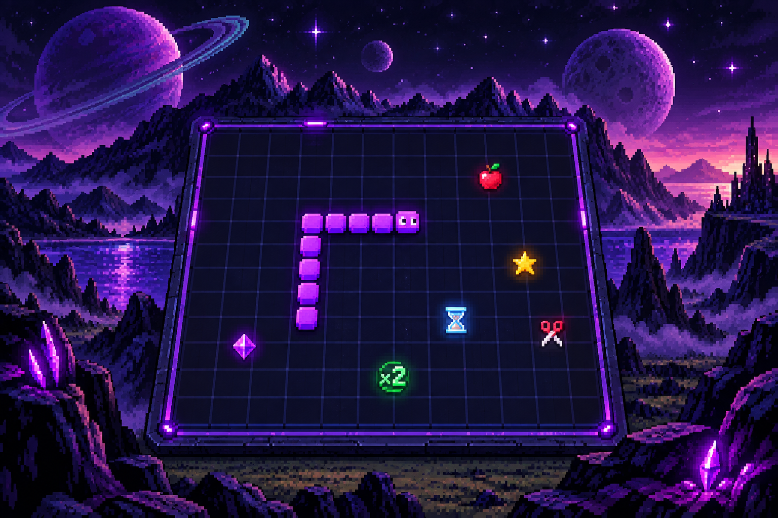 Jeu du serpent pixel art sur une grille violette dans un paysage spatial